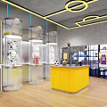 Modern Shopping Mall Store Interior Featuring Transparent Display Cases Figurines Yellow Counter And Circular Lights