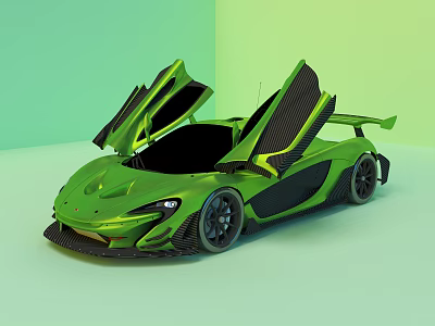 Green Sports Car With Open Scissor Doors Sleek Aerodynamic Body Rear Spoiler Luxury Sporty Exterior 3d model