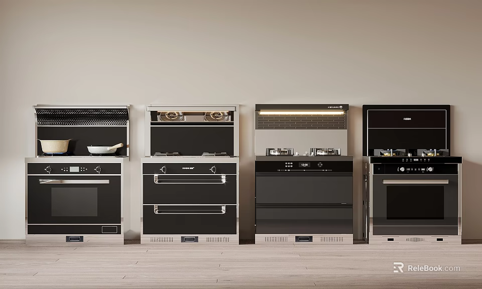 Various Kitchen Appliances Including Ovens Hoods And Microwaves Displayed In A Row In Modern Kitchen 3d model 