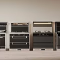 Various Kitchen Appliances Including Ovens Hoods And Microwaves Displayed In A Row In Modern Kitchen