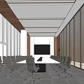 Modern Conference Room Interior With Long Table Chairs Wooden Walls Large Windows And Projector Screen
