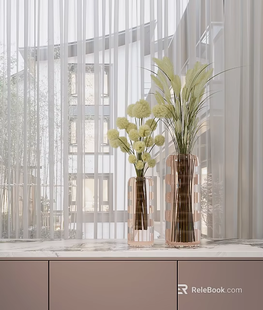 Modern Decorative Ornament Set with Glass Vases and Artificial Flowers for Home Decor 3d model 