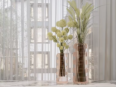Modern Decorative Ornament Set with Glass Vases and Artificial Flowers for Home Decor 3d model