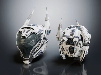 Dual Futuristic Smart Machine Helmets With Spiked Metallic Panels And Transparent Visors 3d model