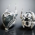 Dual Futuristic Smart Machine Helmets With Spiked Metallic Panels And Transparent Visors