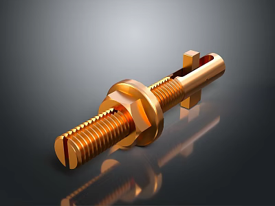 Lighting Combination Hardware With Golden Bolt Nut And Shiny Screw On Gray Gradient Background 3d model