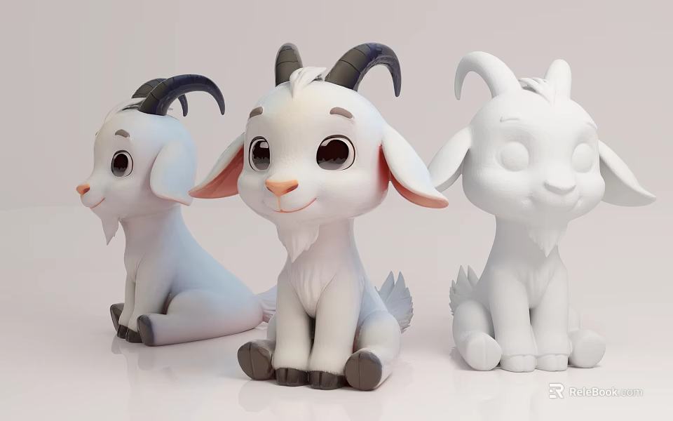 Cute Cartoon Goats In Sitting Poses With Different Colors And Horns 3d model 