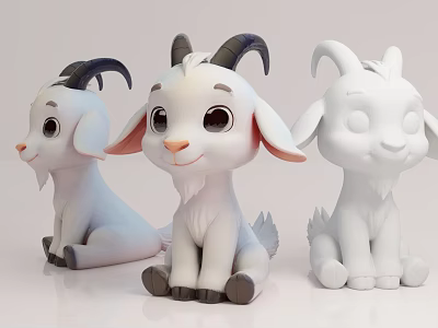 Cute Cartoon Goats In Sitting Poses With Different Colors And Horns 3d model