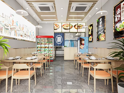 Modern Restaurant Interior With Tables Chairs Menu Posters Pendant Lights And Green Plants 3d model