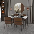 Elegant Dining Table Set With Leather Chairs Round Decorative Mirror And Wall Art Panels 3d model