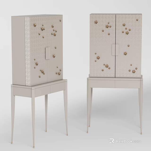 Elegant Light Gray Decorative Cabinet With Golden Accents Drawer Base And Slim Legs 3d model 