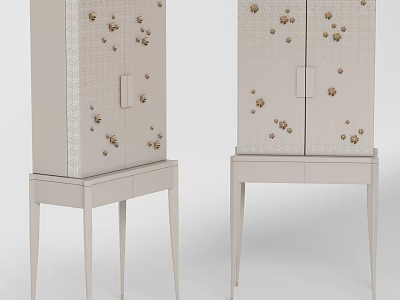 Elegant Light Gray Decorative Cabinet With Golden Accents Drawer Base And Slim Legs 3d model