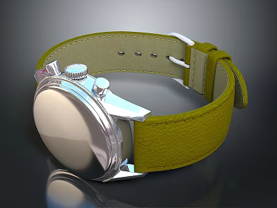 Stylish Watch Back Design With Silver Metal Case And Green Leather Strap 3d model