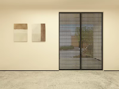 Black Lattice Sliding Door in Minimalist Modern Interior with Wall Paintings and Light-Colored Floor 3d model