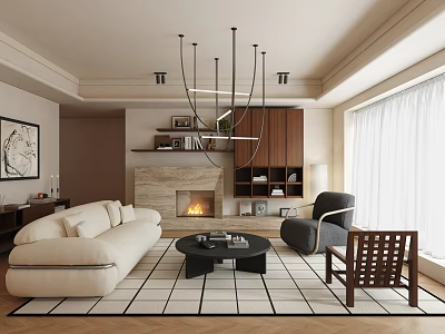 Modern Living Room Interior With White Sofa Black Coffee Table Fireplace Checkerboard Floor And Chandelier 3d model