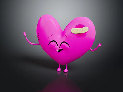 Pink Heart Cartoon Character With Bandage on Head Smiling Face and Arms Legs 3d model