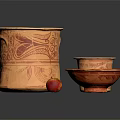 Artisan Orange Patterned Pottery Set With Various Sizes Bowls And Red Apple 3d model