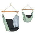 Light Green And White Hanging Chairs With Wooden Rods And Black Fabric Cushions