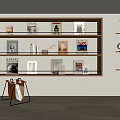 Books And Magazines Display On Wooden Bookshelf With Glass Shelves Decorative Items And Metal Cart