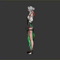 Child Character In Green And White Decorative Outfit With Blue White Hair And Long Boots