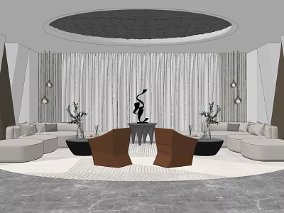 Modern Lounge Area With White Sofas Circular Ceiling Black Sculpture And Green Plants 3d model