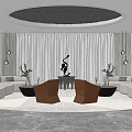 Modern Lounge Area With White Sofas Circular Ceiling Black Sculpture And Green Plants