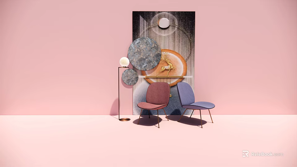 Stylish Pink And Blue Accent Chairs In Modern Interior With Circular Decor Floor Lamp And Artwork 3d model 