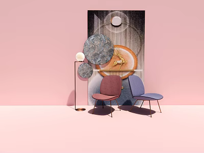 Stylish Pink And Blue Accent Chairs In Modern Interior With Circular Decor Floor Lamp And Artwork 3d model