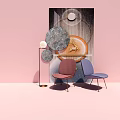 Stylish Pink And Blue Accent Chairs In Modern Interior With Circular Decor Floor Lamp And Artwork