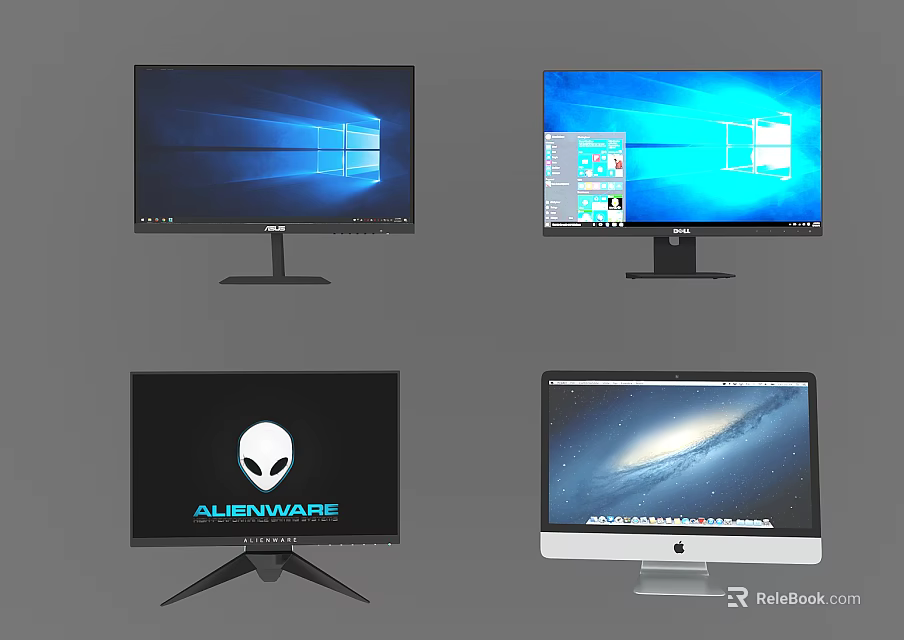 Alienware And Apple iMac Computer Monitors With Windows Interface And Galaxy Background 3d model 