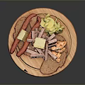 Delicious Cold Meat And Cheese Platter With Sausages Pickles And Rye Bread On Wooden Board