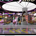 Neon Lit Interior Space With Colorful Signs Tables Chairs And Arrow Floor Markings