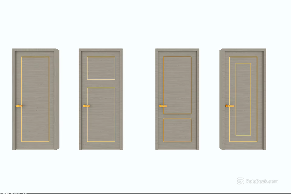 Modern Gray Hinged Doors With Various Panel Designs And Gold Handles 3d model