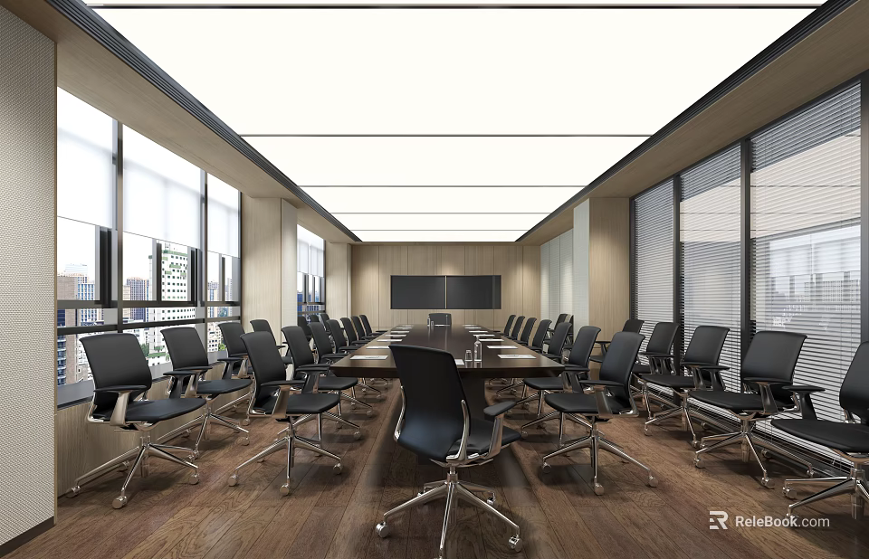Modern Conference Room Interior Design With Long Table Black Chairs Wooden Flooring And Large Windows 3d model 
