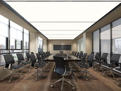 Modern Conference Room Interior Design With Long Table Black Chairs Wooden Flooring And Large Windows 3d model