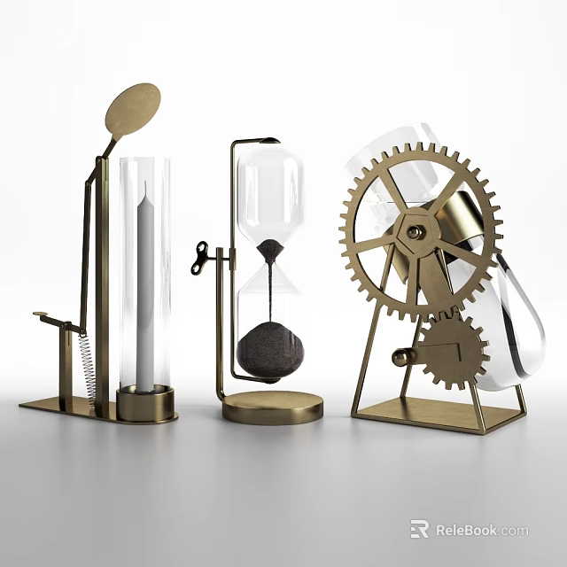 Vintage Brass Decorative Ornament Set With Candle Holder Hourglass And Gear Decoration 3d model 