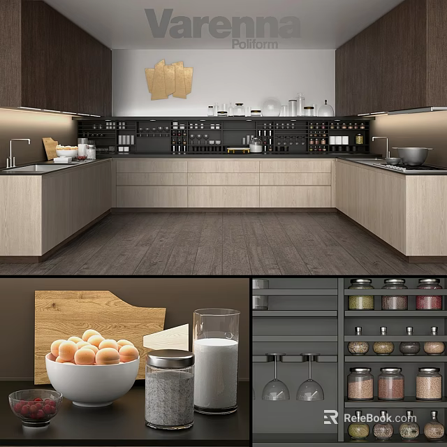Modern Kitchen Interior With Wooden Cabinets Storage Jars And Countertop 3d model 