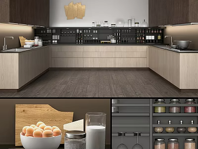Modern Kitchen Interior With Wooden Cabinets Storage Jars And Countertop 3d model
