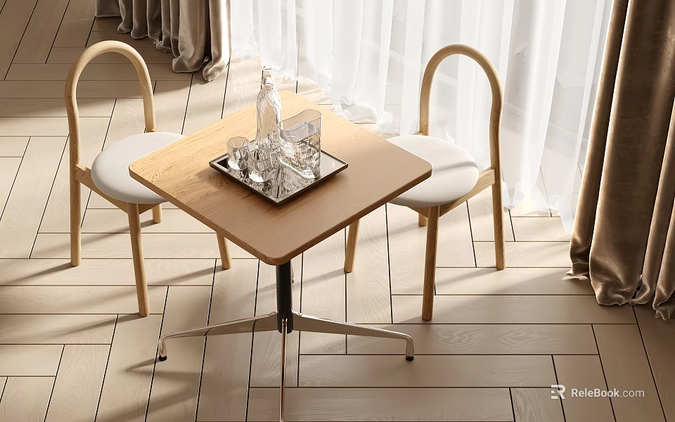 Square Wooden Dining Table And Curved Backrest Chairs With White Cushions On Wooden Flooring 3d model 