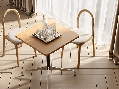 Square Wooden Dining Table And Curved Backrest Chairs With White Cushions On Wooden Flooring 3d model