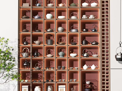 Traditional Tea Sets Display On Wooden Multi Layer Shelf With Teapots Cups And Green Plants 3d model