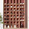 Traditional Tea Sets Display On Wooden Multi Layer Shelf With Teapots Cups And Green Plants