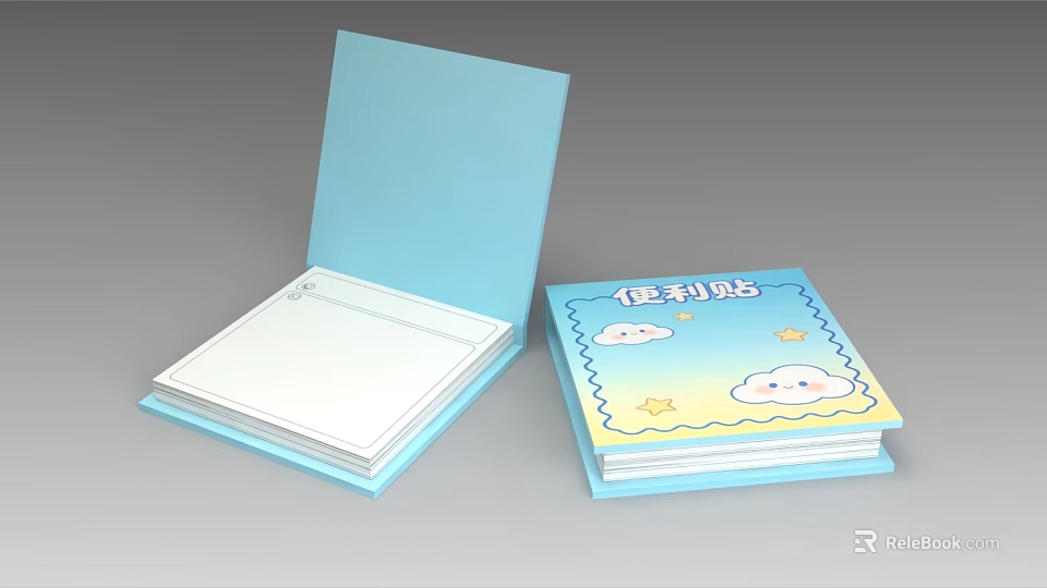 Cute Light Blue Notebook With Blank Pages And Cartoon Clouds Stars Design 3d model 