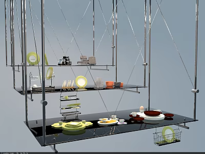 Multi Tiered Metal Rack With Hanging And Arranged Colorful Dinnerware Set 3d model