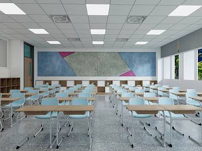 School Classroom Interior With Neatly Arranged Desks Chairs Front Blackboard And Windows 3d model