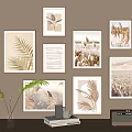 Multiple Landscape Paintings With Golden Frames Featuring Natural Elements On Beige Wall 3d model