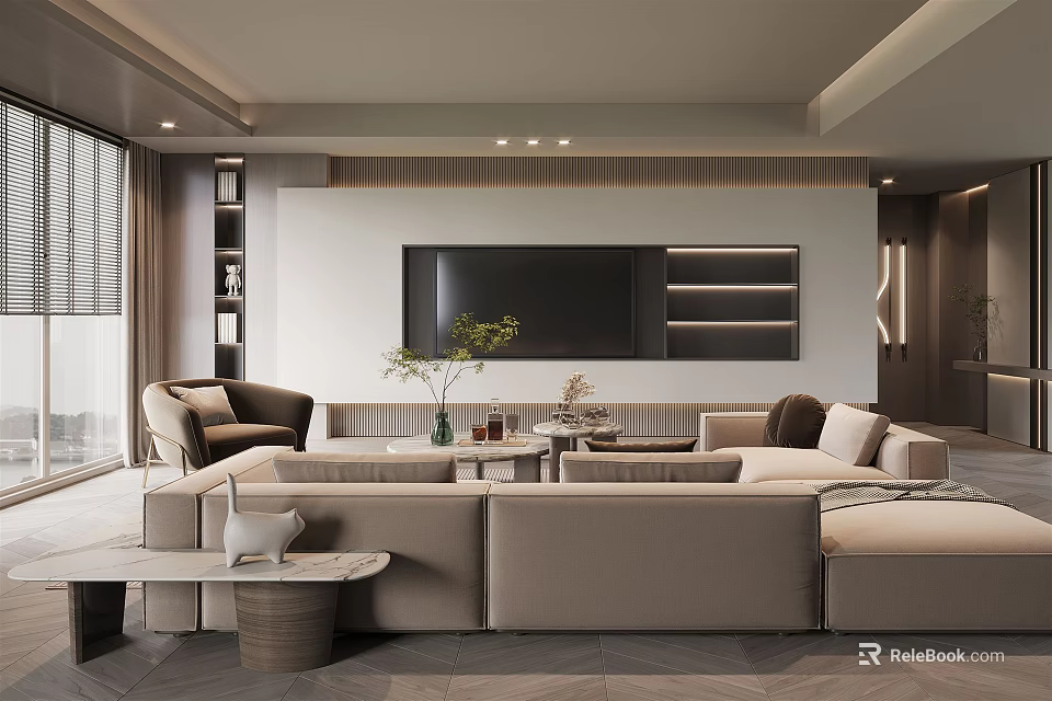 Modern Living Room Interior Design With Beige Sofa Coffee Table TV And Shelves 3d model 
