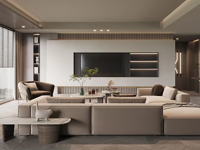 Modern Living Room Interior Design With Beige Sofa Coffee Table TV And Shelves 3d model