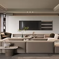 Modern Living Room Interior Design With Beige Sofa Coffee Table TV And Shelves