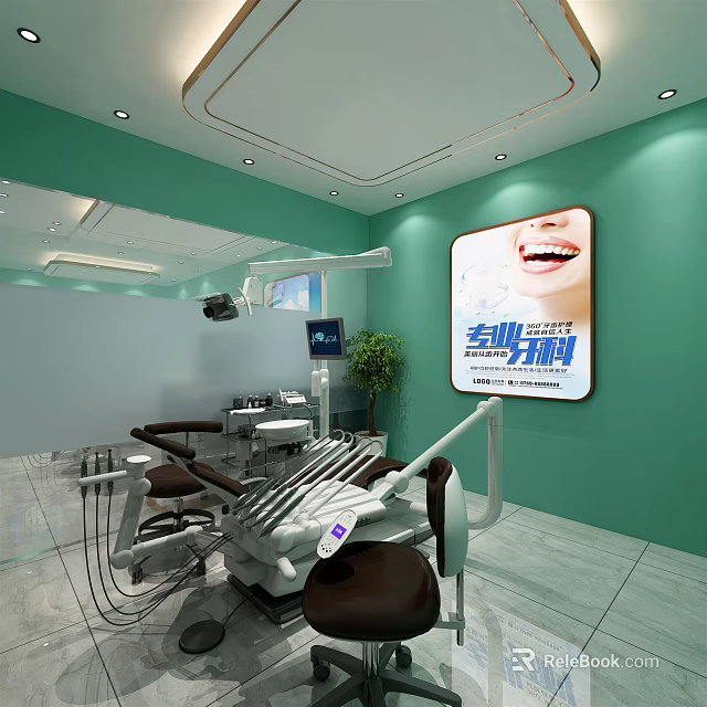 Modern Dental Clinic Interior With Dental Chair Medical Equipment And Green Walls 3d model 